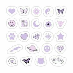 purple and white stickers with different types of symbols on them, all in the same shape