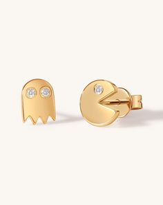 Solid Gold Pac Man Studs - Sparkle Society Gold Diamond Earrings With Diamond Eyes For Anniversary, 14k Yellow Gold Earrings With Diamond Eyes, 14k Gold Diamond Earrings With Diamond Eyes For Anniversary, Diamond Eyes, Sparkle Earrings, Cuff Rings, Pac Man, Fancy Diamonds, Hand Chain