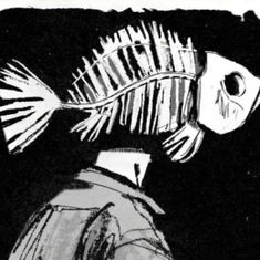 a black and white drawing of a person with a fish on his head looking at something