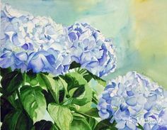 watercolor painting of blue hydrangeas and green leaves