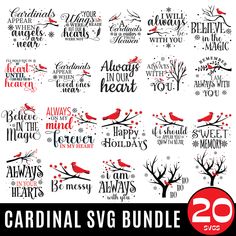 cardinal svg bundle for valentine's day and other holiday projects, includes 20 designs