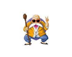 an old man with sunglasses holding a broom and giving the peace sign in front of him