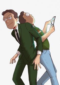 two men in suits are hugging and looking at something on a tablet computer, while the other man is holding his arm around him