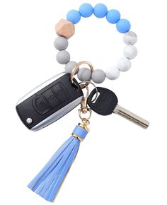 a blue and white beaded bracelet with a keychain