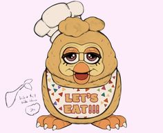 an owl wearing a chef's hat and holding a sign that says let's eat