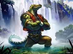 a man in an orange vest standing next to a waterfall with a large alligator on his chest