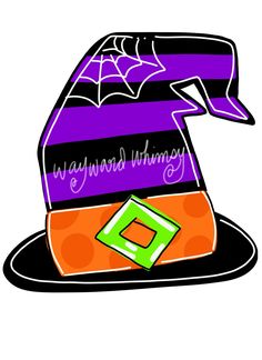 a witches hat with the word happy halloween written in purple, orange and black stripes