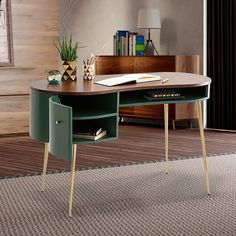 an office desk with two drawers and a book shelf in the middle, on top of a carpeted floor