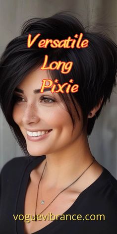 Versatile long pixie cut with disconnected layers, offering various styling options and suitable for all ages and face shapes. Ideal for those with a few extra minutes in the morning and works well for any lifestyle. Pixie From The Back, Pixie With Long Front Pieces, Long Pixie Hairstyles For Thinning Hair, Reverse Pixie Haircut, Edgy Pixie Bob Haircut, Women Long Pixie Haircut, Elongated Pixie Haircut, Transition From Pixie To Bob Growing Out Short Hair, Pixie With Bangs Over 40