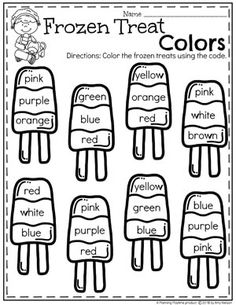 printable frozen treat colors worksheet for kids to color and write the words