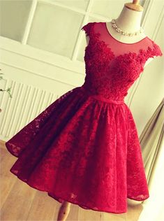 A Line Round Neck Short Lace Prom Dresses Modest Homecoming Dresses, Pretty Homecoming Dresses, Pretty Party Dresses, Red Lace Prom Dress, Mode Tips, Graduation Dresses