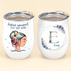 two personalized wine glasses with the names of different women and one has an image of a woman's face on it