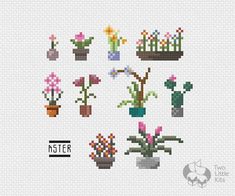 cross stitch pattern with flowers and potted plants on the left side, in different colors