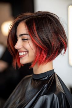 Click for More ➡️ | Save for Later ❤️  This asymmetrical bob adds a modern twist with a red ombre, creating a striking and edgy look. Suitable for fine hair and trendy women. (Asymmetrical Bob with Red Ombre - Short Hairstyles For Women) Colored Hair Inspo Short, Short Red Bob Hairstyles, Fashion Color Highlights Short Hair, Burgundy Highlights Short Hair, Short Hairstyle Dyed, Hair Color For Bob Haircut, Short Wavy Hair Color Ideas, Color Block Bob Hair, Hair Color Blocking Ideas