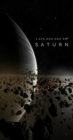 an artist's rendering of saturn with rocks in the foreground and stars in the background