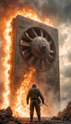 a man standing in front of a huge machine with flames coming out of it's back