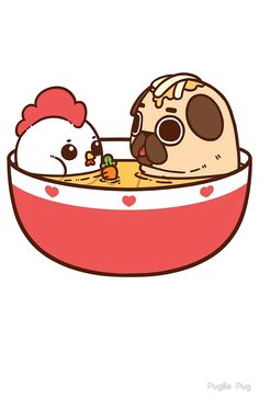 two dogs in a bowl filled with food