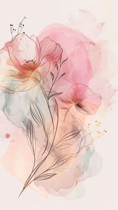 some pink flowers on a white background with watercolors and paint splashing around it