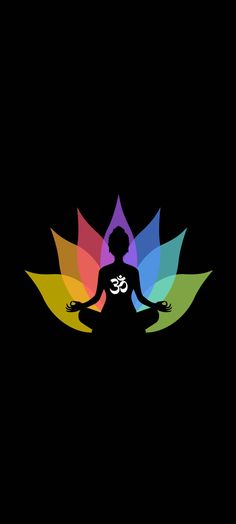 the silhouette of a person sitting in a lotus pose with their hands together and colored petals behind them