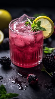 a close up of a drink in a glass with lemons and blackberries on the side