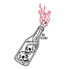 a bottle with a skull inside is on fire