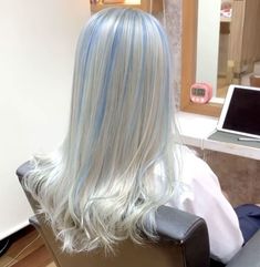 Blueish Blonde Hair, Light Blue Hair Extensions, Powder Blue Hair Color, Platinum Blonde With Blue Highlights, Hair Color Ice Blonde, White And Colored Hair, White To Blue Ombre Hair, Blonde And Pastel Blue Hair, Blue White Hair Color