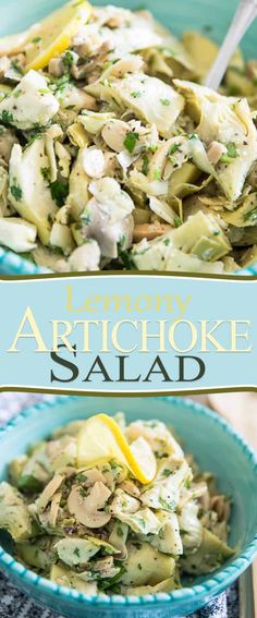 a blue bowl filled with lemony artichoke salad