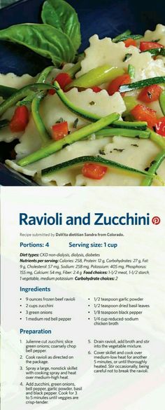 a brochure with some vegetables on it and the words ravioli and zucchini