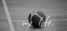 a basketball sitting on top of a court with the words my life written over it