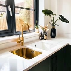 a kitchen sink with a gold faucet next to a window and potted plants