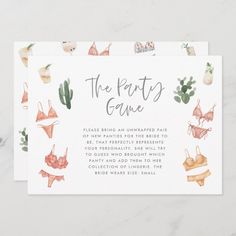 the party game card with watercolor bikinis and cacti