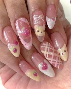 @/clawsbyizui on instagram almond coquette rilakkuma nails Nails Inspo Coquette, Coquette Nails Acrylic Almond, Christmas Kawaii Nails, Coquette Nail Inspo Almond, Rilakkuma Makeup, Nails Pink Hello Kitty, Nail Designs Coquette, Coquette Nails Almond, Pink Almond Nail Designs