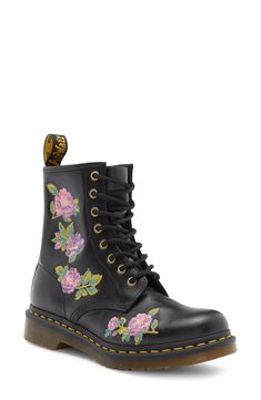 Yellow welt stitching over the AirWair sole adds a signature trim to the iconic leather boot featuring embroidered flower blossoms. 2" heel, 1 1/2" platform Leather upper/synthetic lining and sole Imported Casual Fall Boots With Floral Embroidery, Leather Boots With Floral Print For Spring, Casual Boots With Floral Embroidery And Round Toe, Spring Leather Boots With Floral Print, Black Leather Boots With Floral Print, Spring Leather Boots With Floral Embroidery, Sporty Sunglasses, Nordstrom Women, Embroidered Boots