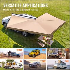 an advertisement showing different types of vehicles and tents