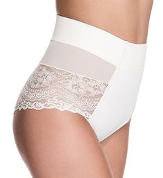 This lightweight shaping brief slims the tummy and features sheer lace in the back. Made of polyamide/spandex with a 100% cotton crotch lining. Wide waistband. Compression tulle lining along the stomach panel for tummy control. Sheer lace at lower sides and back with center back seam with ruching. Scalloped lace along leg openings. High rise. Brazilian panties provide minimal, cheeky rear coverage. Shapewear has a slick surface and does not cling to other clothing. Sewn-in cotton crotch for comf Hourglass Waist, Mid Thigh Shorts, Lace Camisole, Waist Cincher, Waist Trainer, Scalloped Lace, Wide Waistband, Sheer Lace, Shapewear