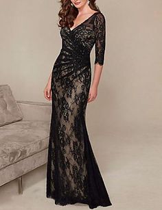 Sheath / Column Open Back Formal Evening Dress Plunging Neck 3/4 Length Sleeve Floor Length Lace with Ruched 2021 Floor Length Lace Dress, Bride Dress Elegant, Evening Dresses Online, Mother Of Groom Dresses, Cheap Evening Dresses, فستان سهرة, Mother Of The Bride Dress, Groom Dress, Dress Elegant