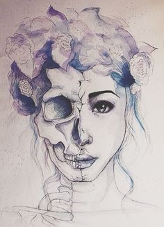 a drawing of a woman's face with flowers in her hair and skull makeup