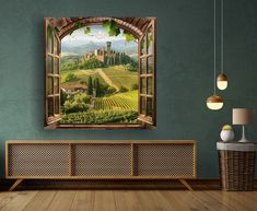 an open window with a view of a vineyard and castle in the distance, on a green wall