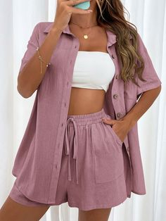 Rosa vieja Casual Collar manga corta  Liso  Embellished Elástico Ligero  Conjunto para Mujer Shirt Knot, Drop Shoulder Shirt, Looks Black, Maxi Dress Formal, Elastic Waist Shorts