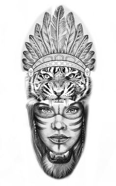 a drawing of a tiger wearing a headdress with feathers on it's head