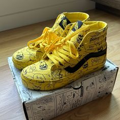 Vans X Peanuts Sk8-Hi Reissue In Size 5 (Youth/Big Kids), Equivalent To Size 6.5 In Women’s. These Were Originally Released In 2017 And Have Not Been Brought Back By Vans. Verrrry Gently Used, Worn Once. I’m Hoping Someone Else Will Get More Use Out Of These Than I Did. Comes With Original Box. No Holds. Final Sale. Yellow High-top Skate Shoes With Branded Insole, Yellow Custom Sneakers With Rubber Sole, Yellow High-top Skate Shoes, Yellow Custom Lace-up Sneakers With Rubber Sole, Yellow Lace-up Custom Sneakers With Rubber Sole, Yellow Skate Shoes With Round Toe And Laces, Yellow High-top Custom Sneakers With Rubber Sole, Yellow High-top Sneakers With Rubber Sole, Yellow Round Toe Skate Shoes