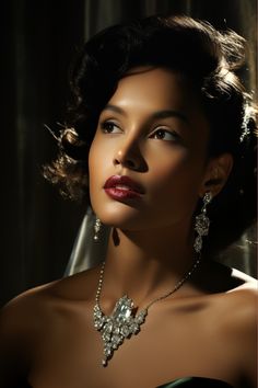 a woman wearing a necklace and earrings