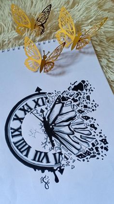 a drawing of a clock with butterflies on it