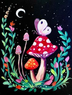 an acrylic painting of a mushroom and flowers