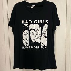 Brand New Women’s Graphic T-Shirt Bad Girls Have More Fun Funny Slogan T-shirt, Black Funny Print Fun Tops, Fun Black Tops With Screen Print, Funny Black Tops With Character Print, Fun Black Top With Text Print, Fun Black Tops With Text Print, Fun Black Slogan Top, Black Relaxed Fit Fun T-shirt, Fun Black Relaxed Fit T-shirt