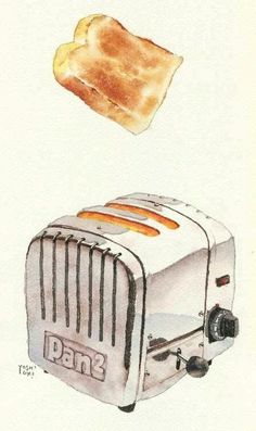 a drawing of a toaster with two slices of bread flying off it's side