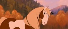 an animated horse standing in front of a forest