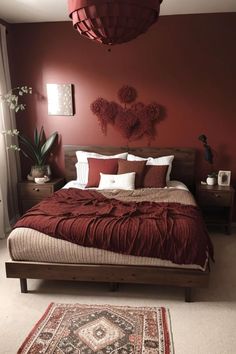 a bedroom with a bed, rug and red walls