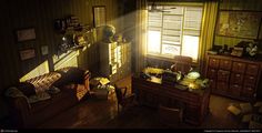 an old fashioned desk and chair in a room with sunlight coming through the window onto the floor