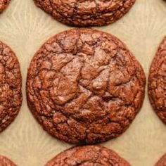 chocolate cookies are lined up on a baking sheet